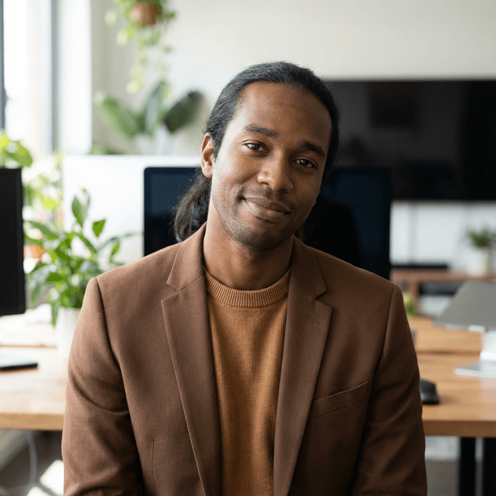 Professional headshot of Samuel Hansen, male IT consultant in his mid 30s in modern office