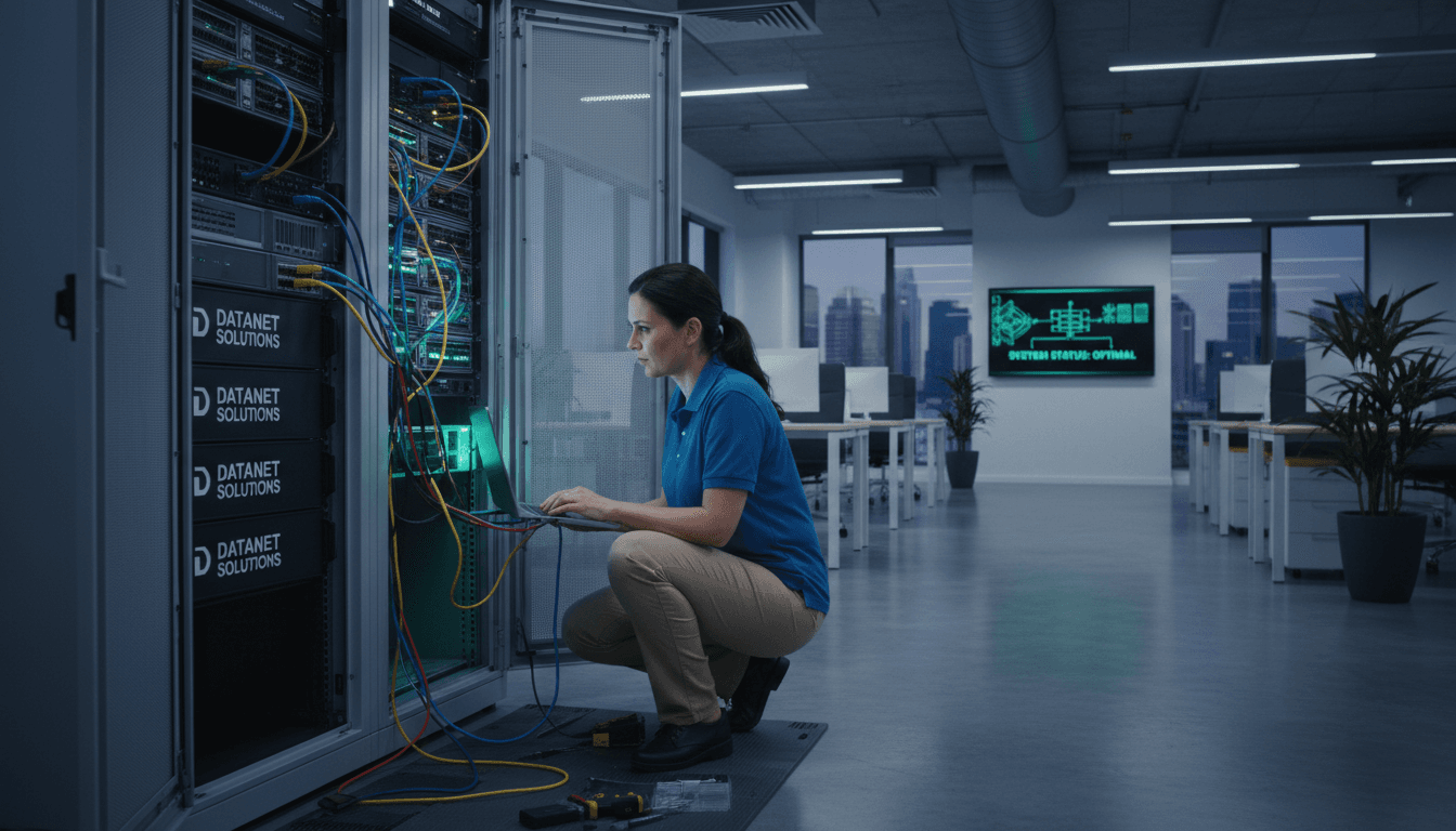 Network technician configuring a server rack in a modern office