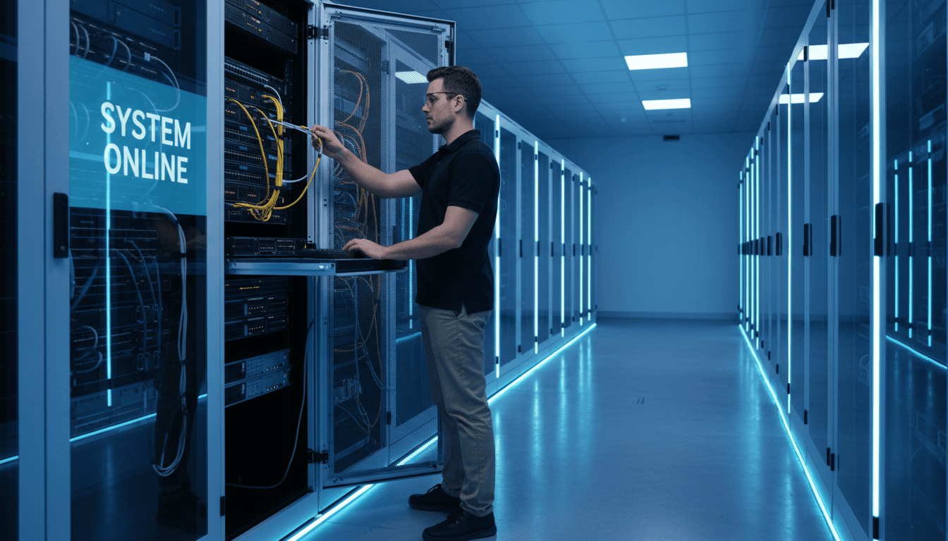 IT professional configuring network server rack in a data center
