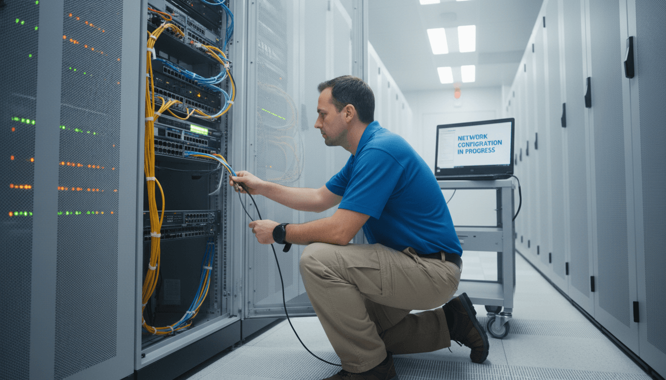 IT technician configuring network switch in a server room