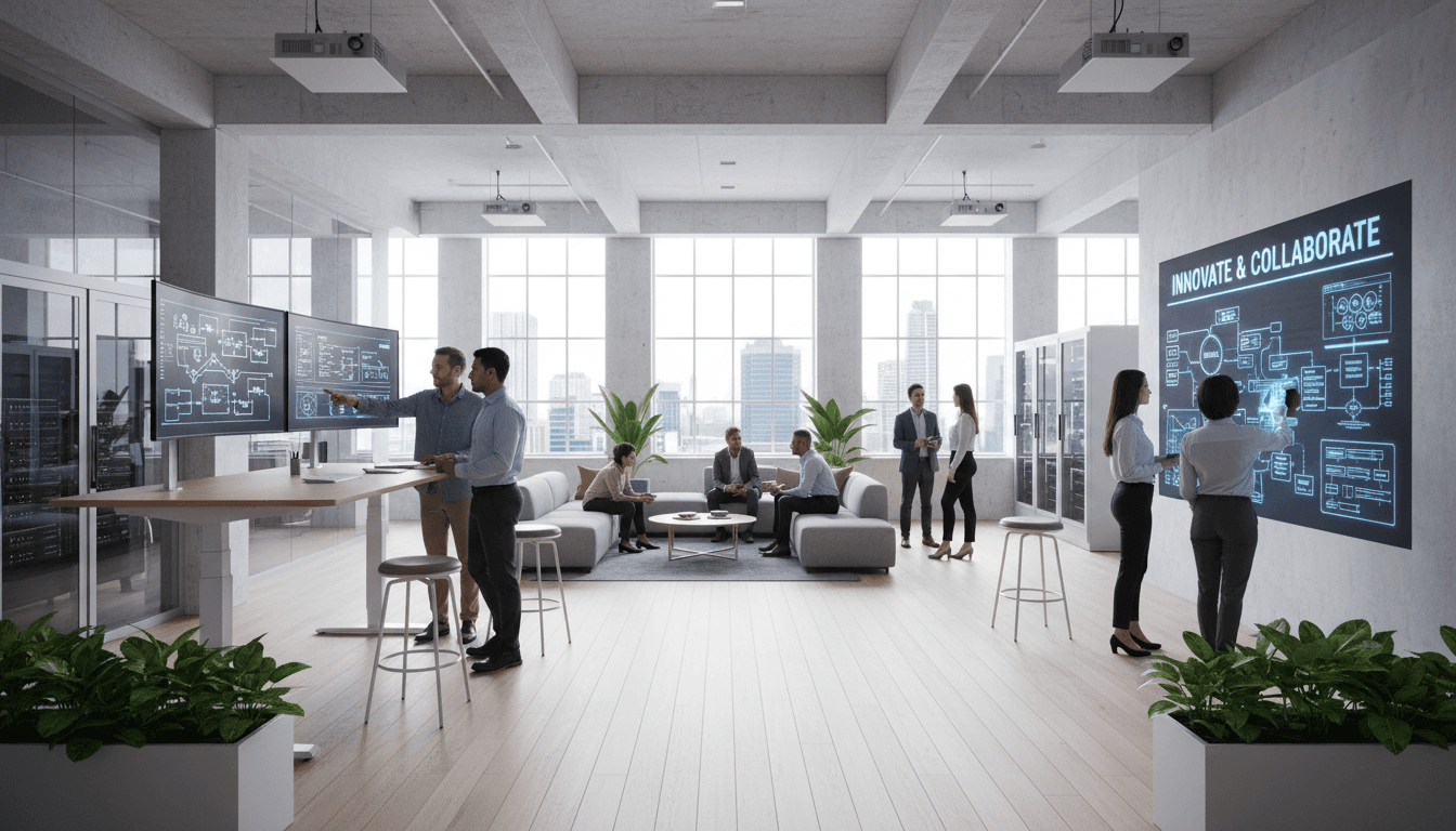 Modern office workspace with network infrastructure