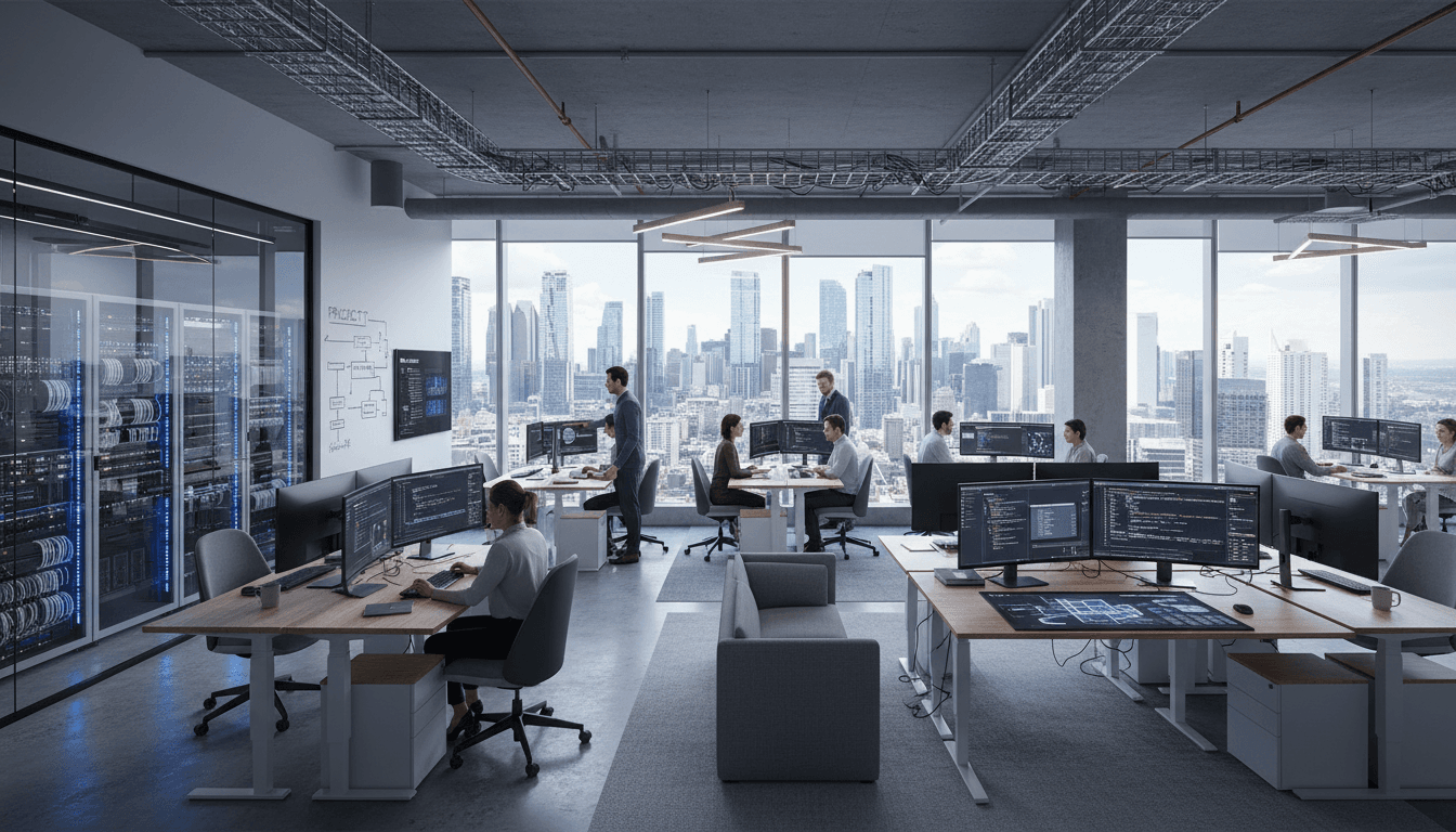Modern office workspace with network equipment