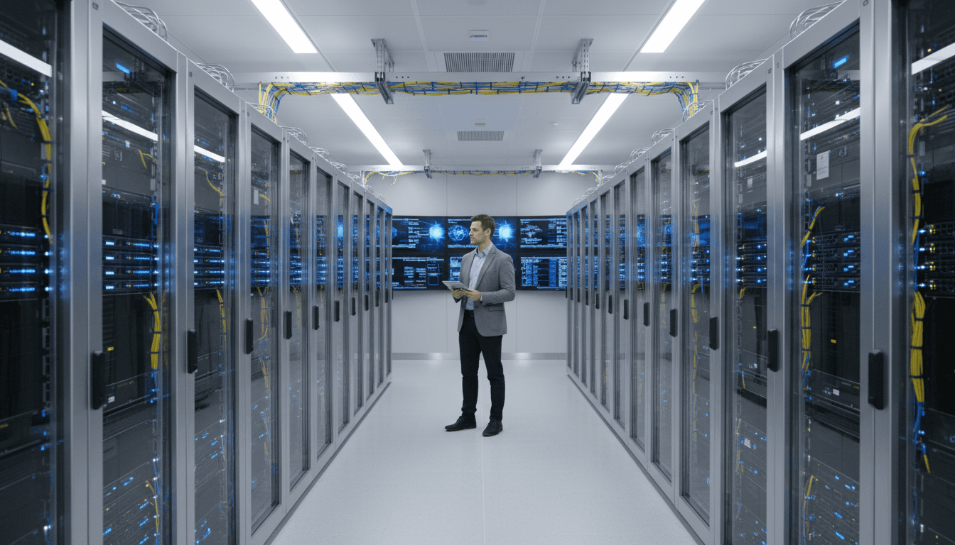 IT professional working on network server hardware in a tidy office server room
