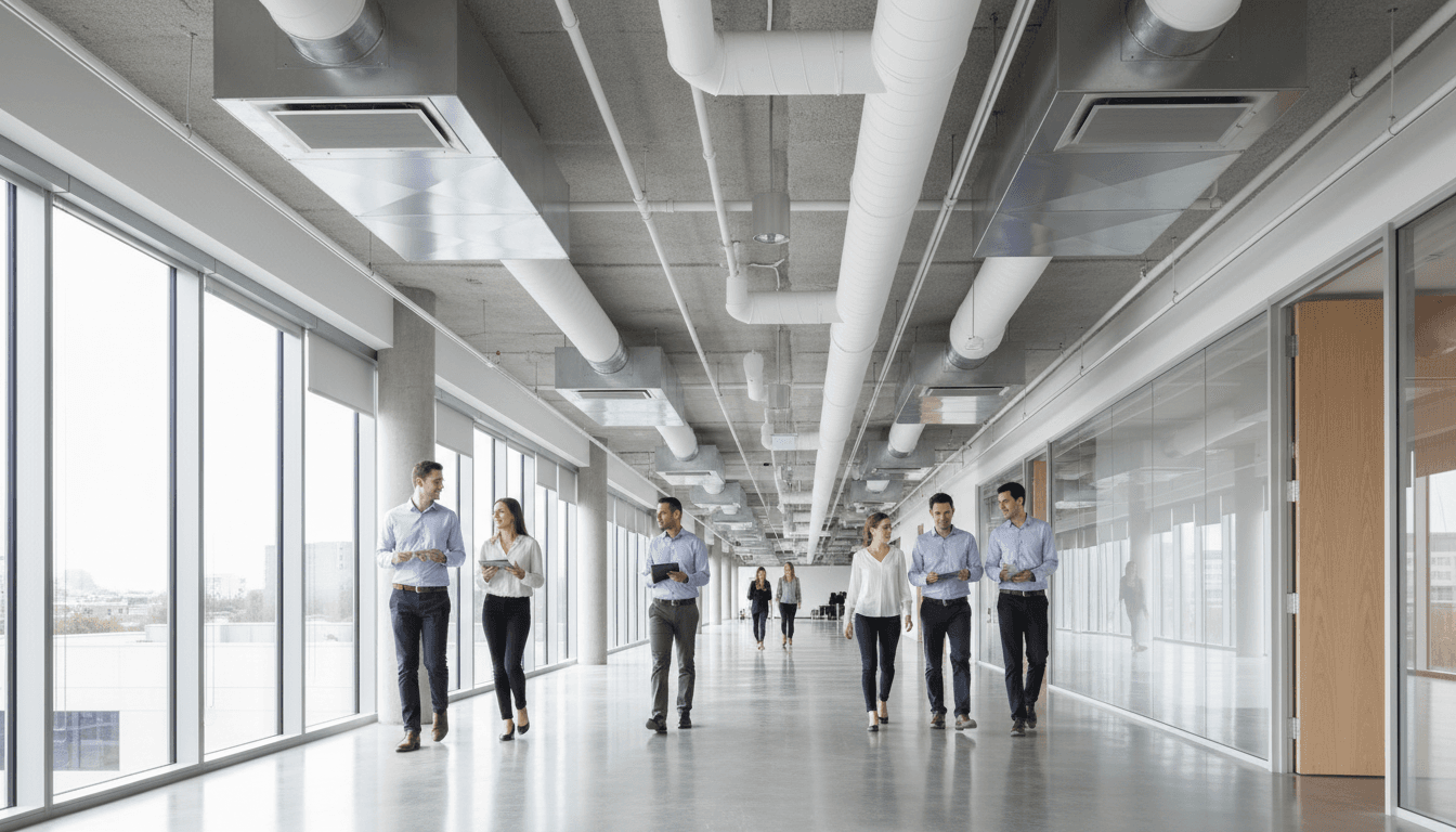 Structured cabling running overhead in a bright open office