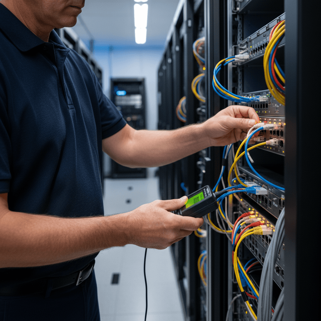 IT technician working on a network server rack in a modern office