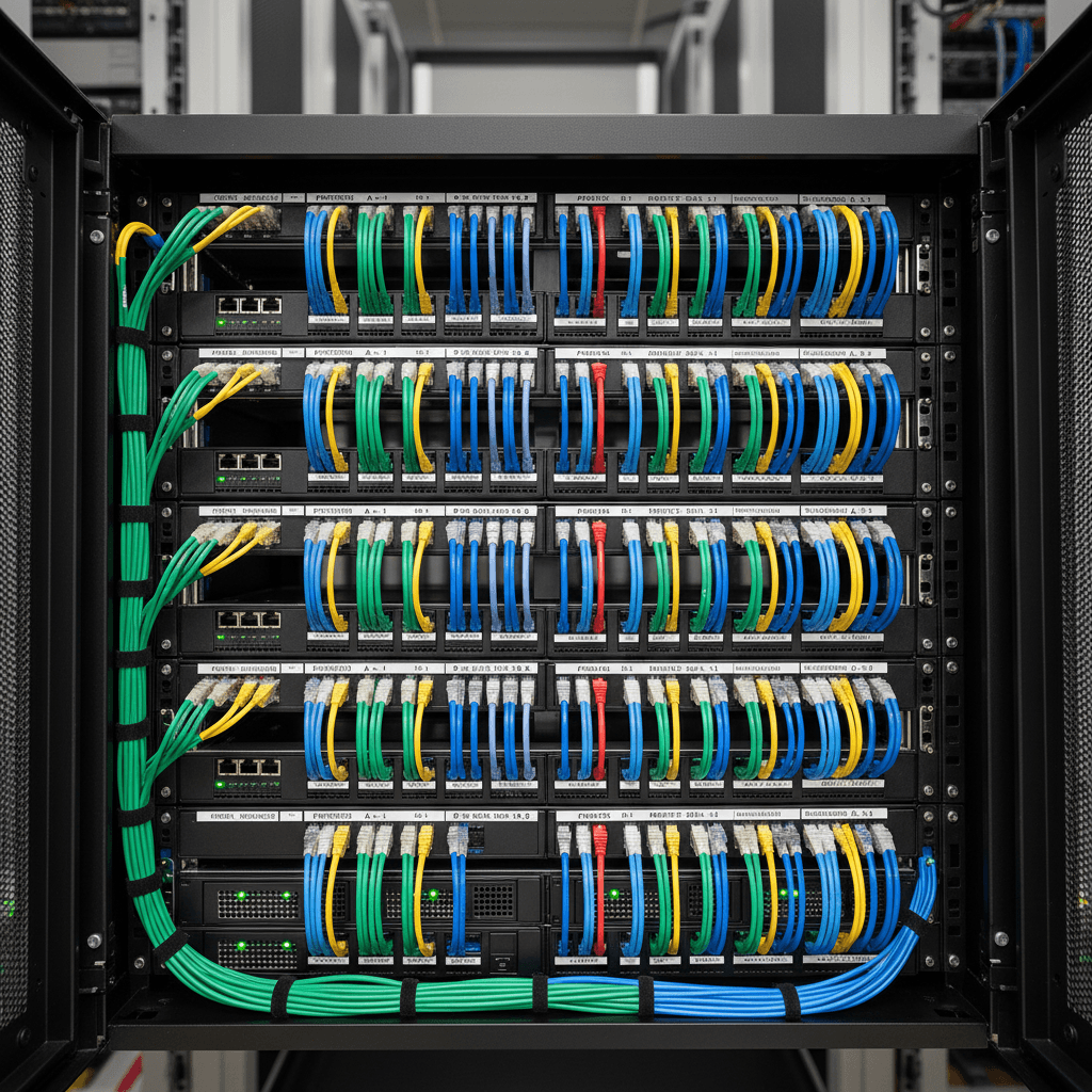 Network engineer organizing cables in a server rack