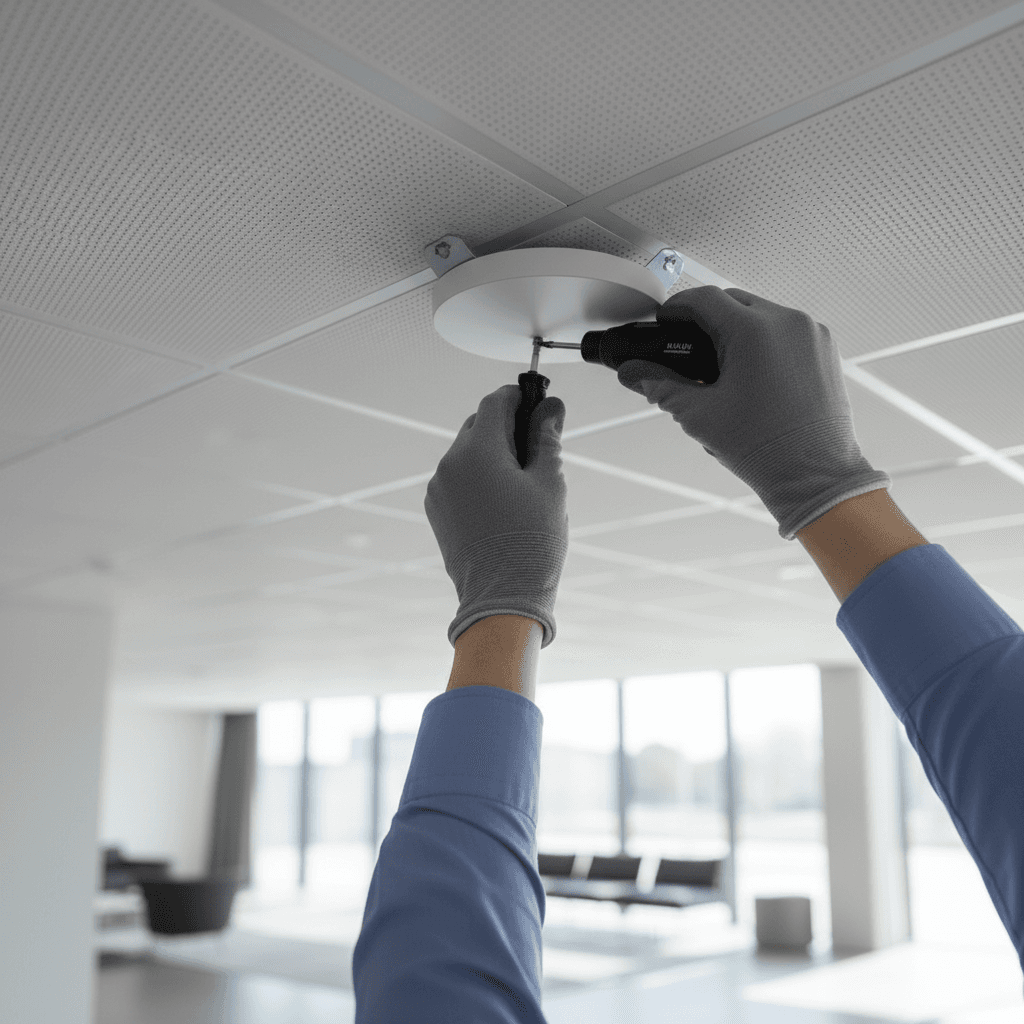 IT specialist mounting a wireless access point in the office ceiling