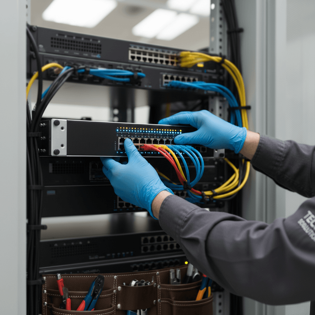 Technician configuring a network switch in a tidy server room