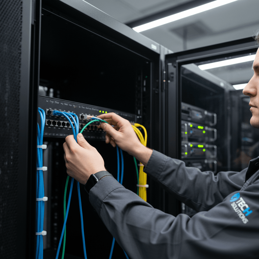 Network cables neatly connected to a patch panel in a server rack