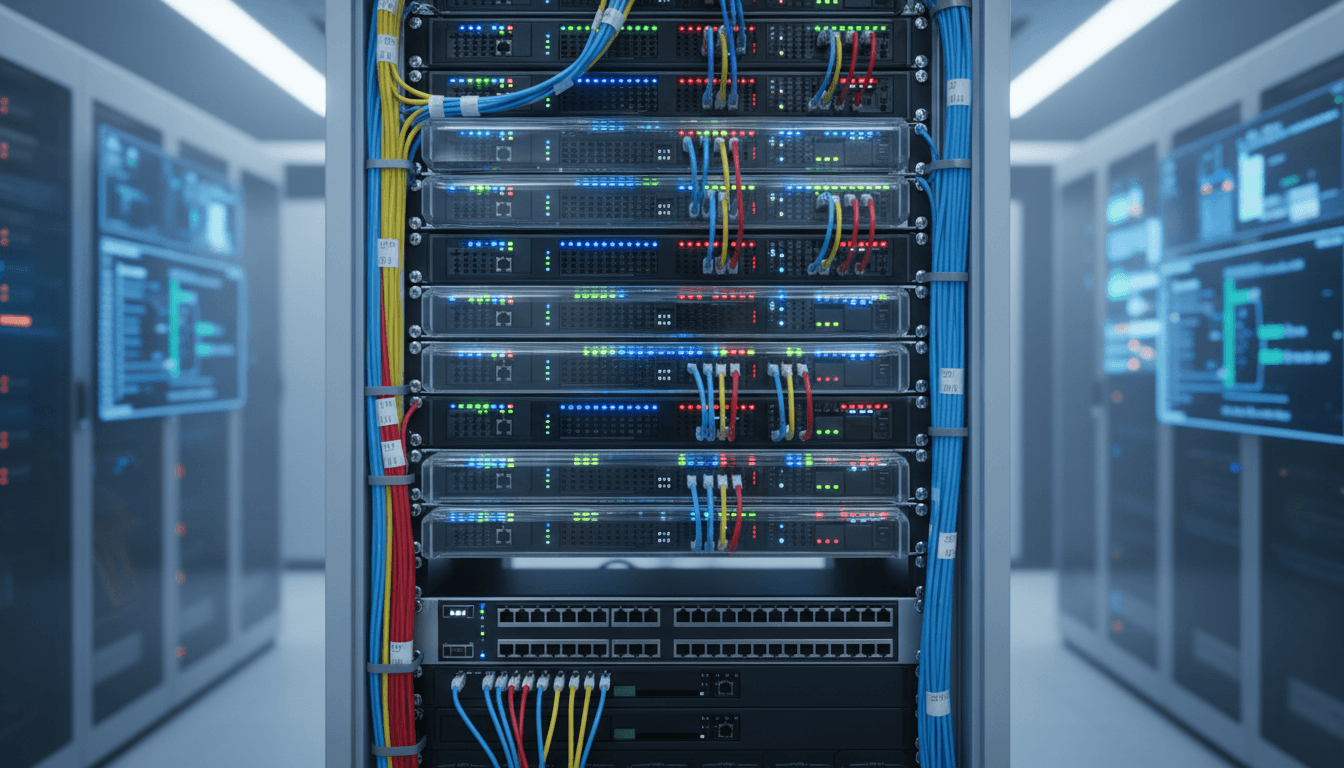 Neatly organized network rack with servers and labeled cables in a data closet