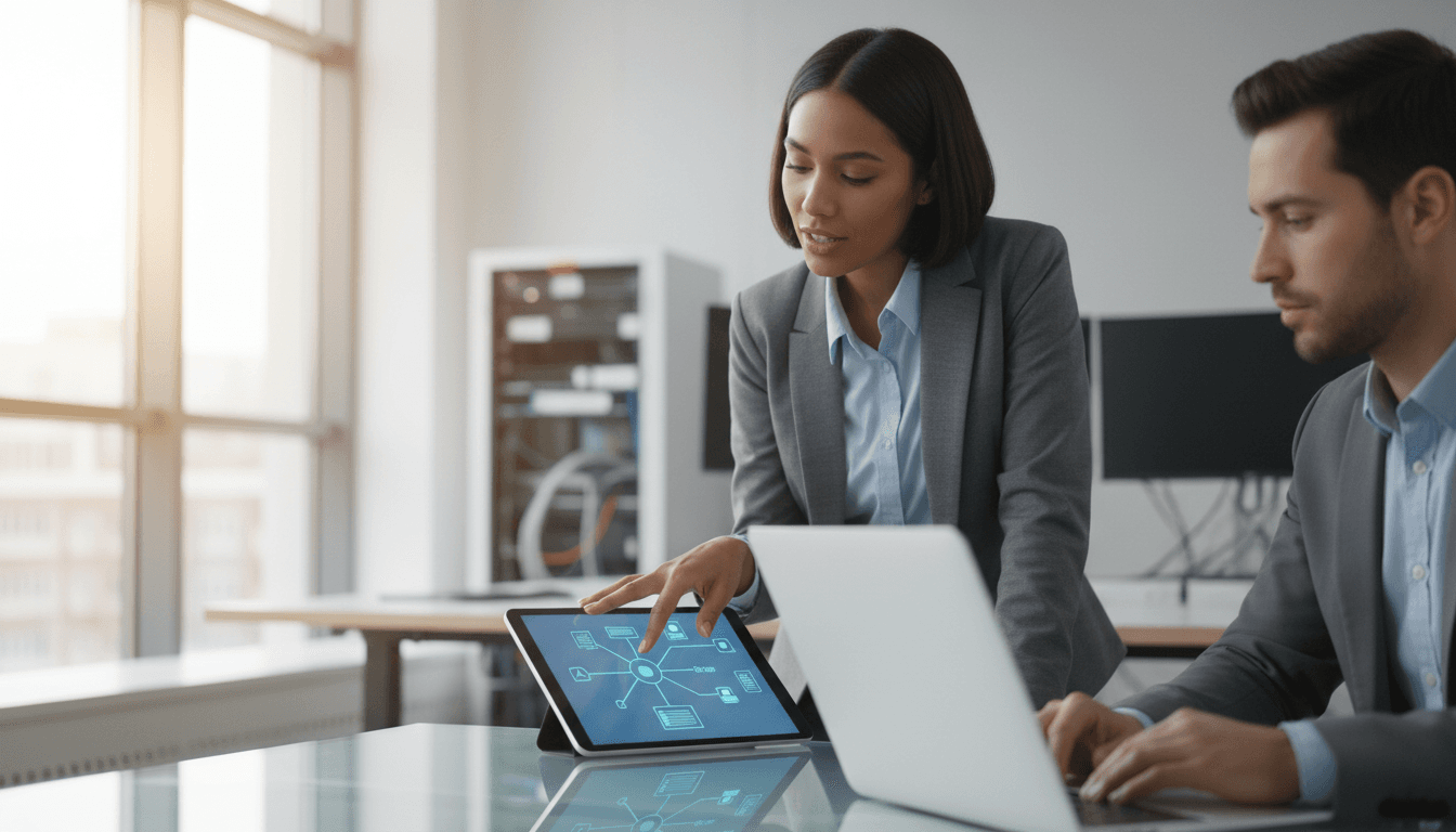 IT professional consulting with client in a modern office